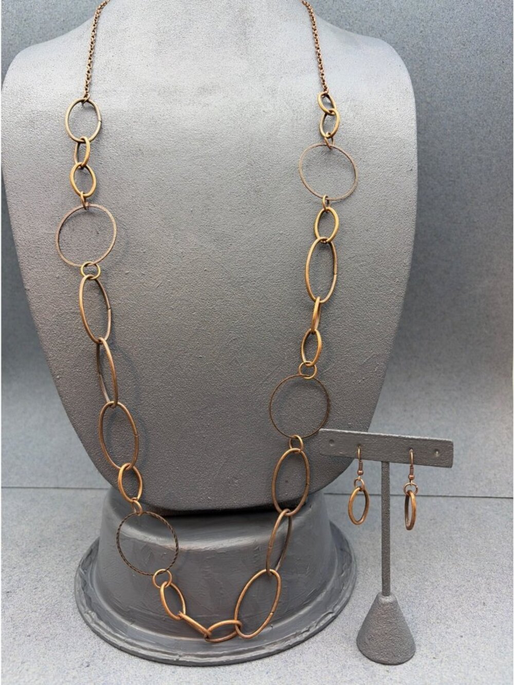 Oval Link Necklace Earrings Set 42 In Copper Asymmetrical Statement Retro Boho